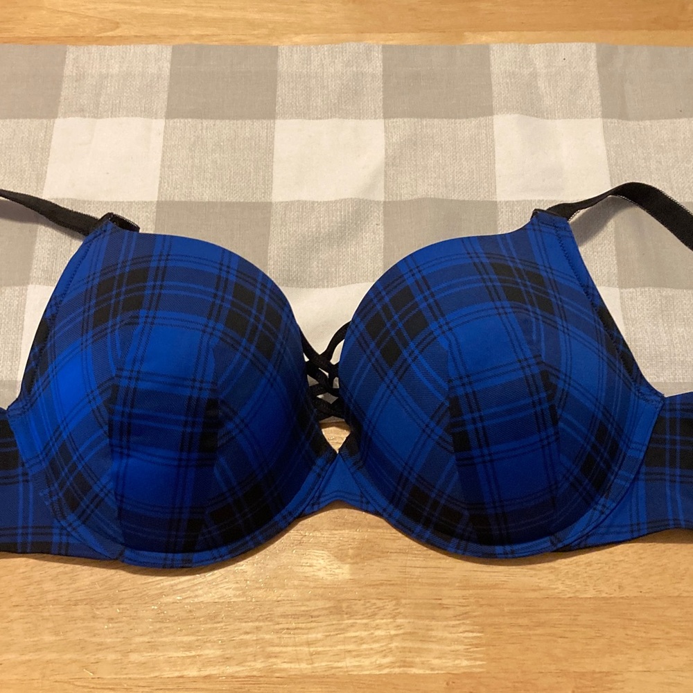 Torrid XO Plunge Blue Plaid  Bra